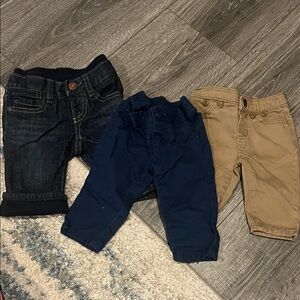 3 pair 0-3 months baby pants Set - Black, Blue, and Tan. Gap, babybgosh, oldnavy